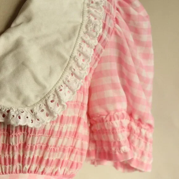 Vintage 1960s 1970s Dress, Pink and White Gingham Maxidress withBbig Lace Collar - Picture 4 of 14